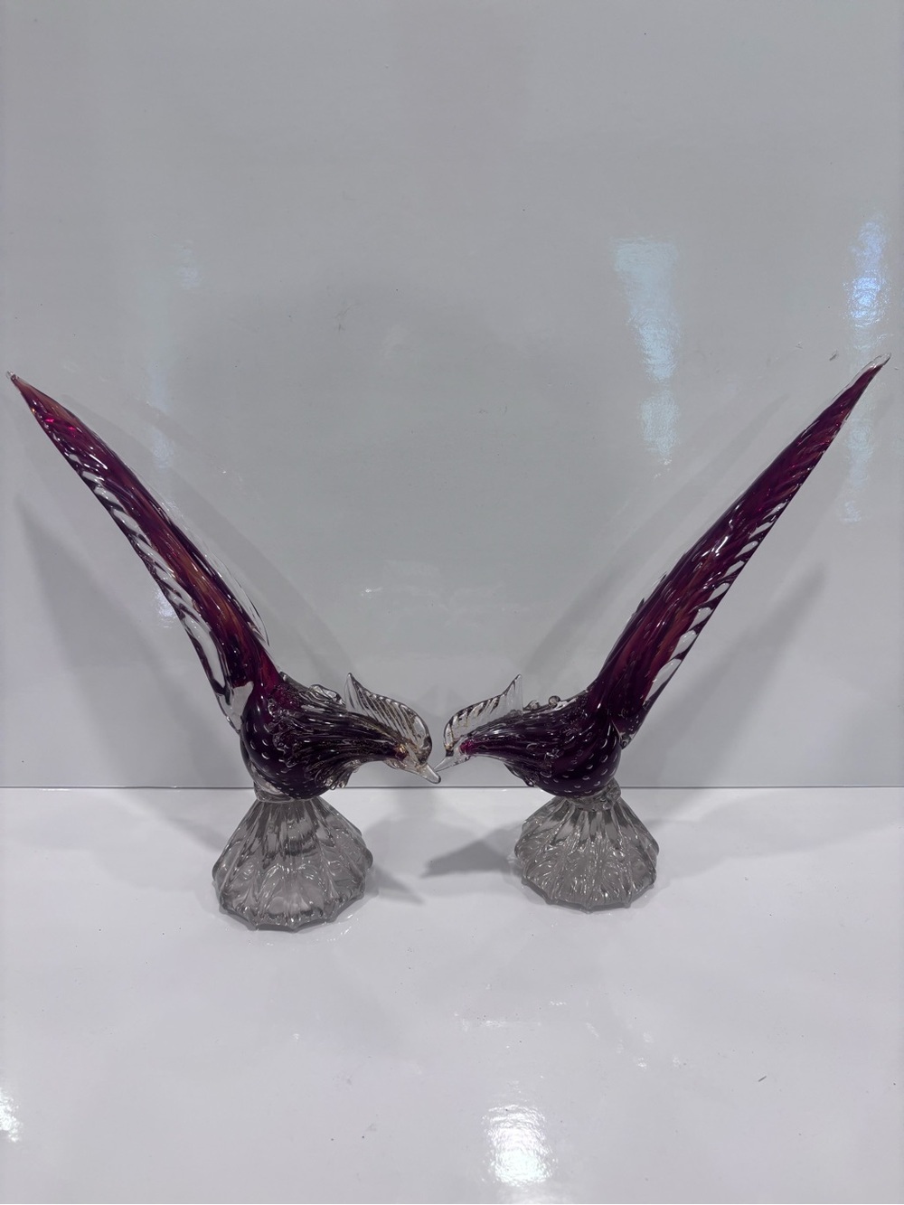 Vintage MURANO Glass Midcentury Pheasants Birds Figurines (2) Red &Gold 10.5”